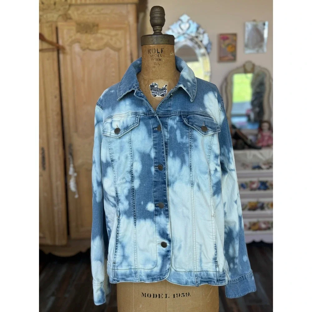 Upcycled Denim Jacket Butterfly Folk Art Jacket Bleached Jean Jacket Large